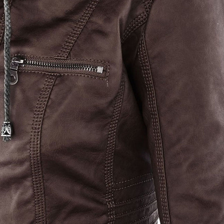 Close-up of hood drawstring detail on Giselle dark brown faux leather jacket