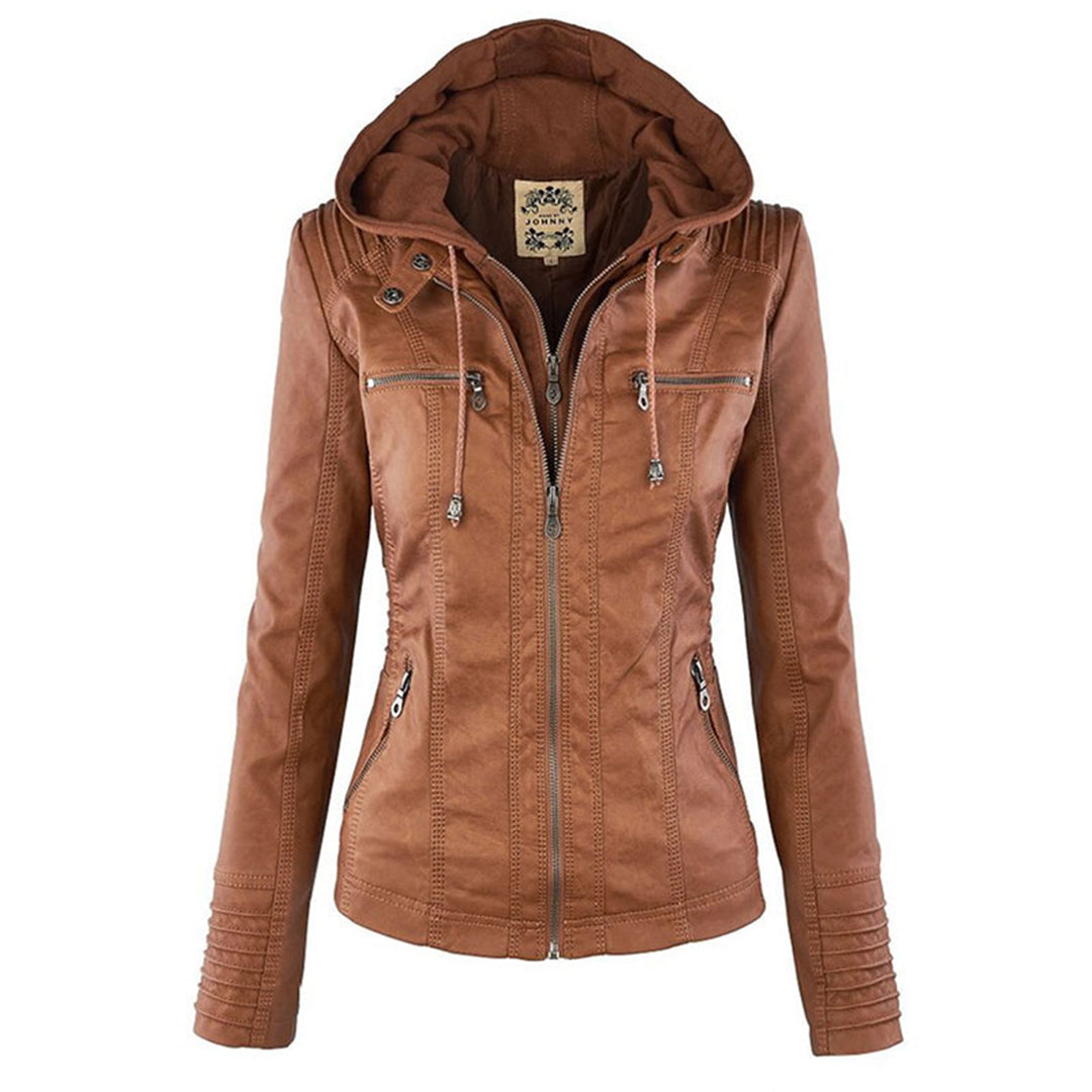 Giselle cognac faux leather jacket, front view with hood up