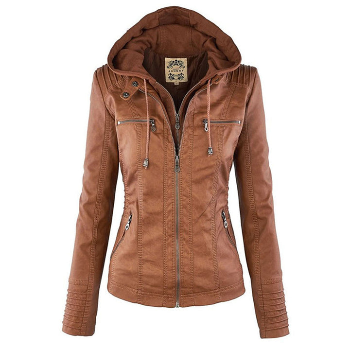 Giselle cognac faux leather jacket, front view with hood up
