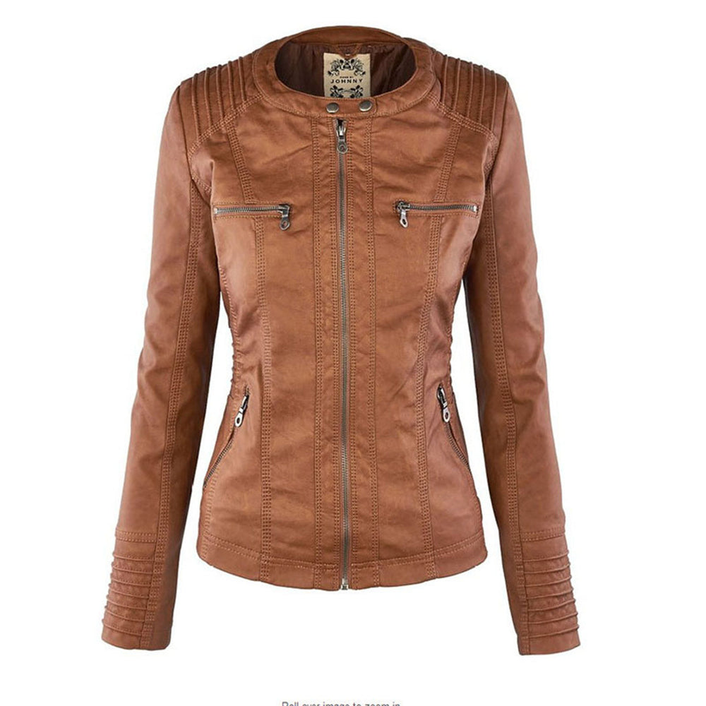 Giselle faux leather jacket, front view with hood removed