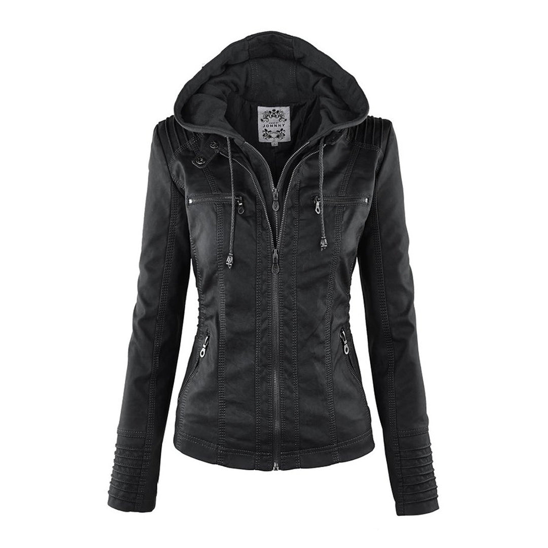 Giselle black faux leather jacket, front view with hood up