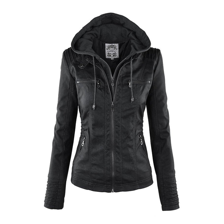 Giselle black faux leather jacket, front view with hood up