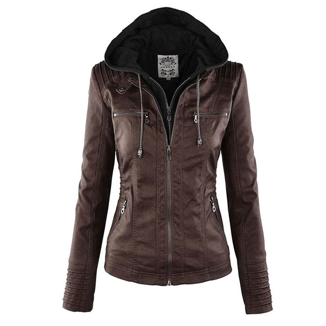 Giselle dark brown faux leather jacket, front view with hood up