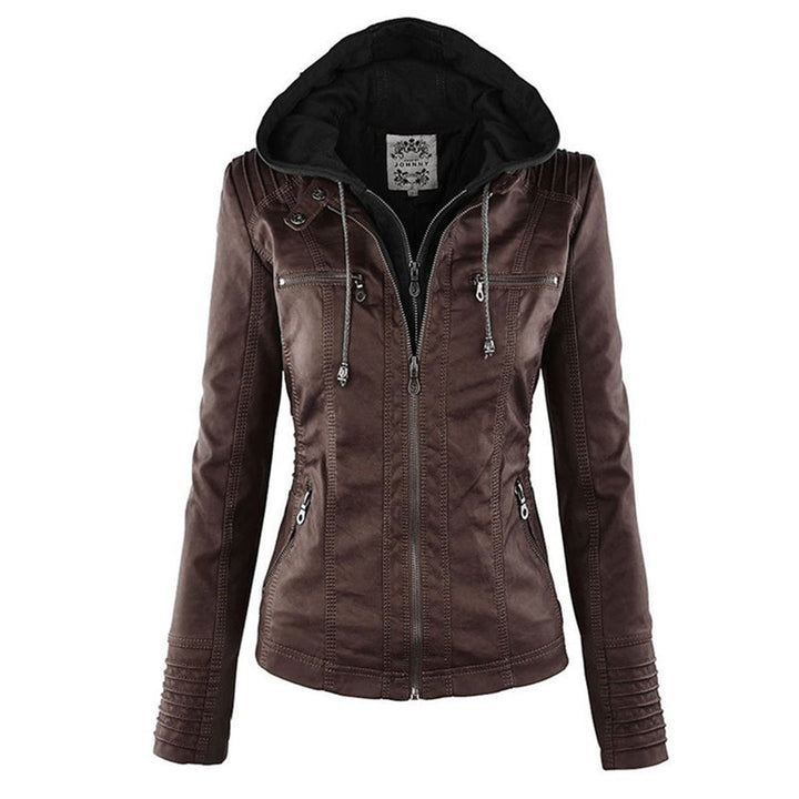 Giselle dark brown faux leather jacket, front view with hood up