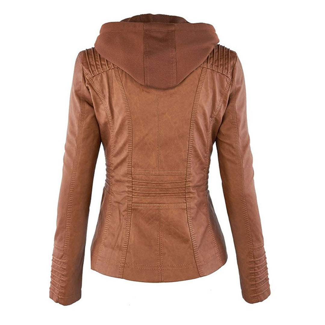 Giselle faux leather jacket, back view with hood up