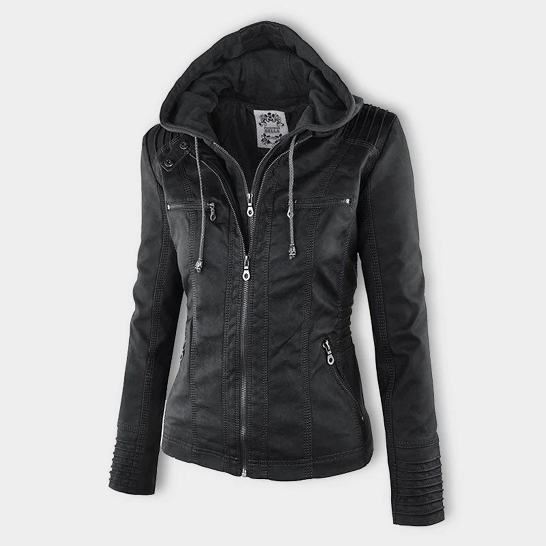 Giselle faux leather jacket in black, front view with hood up