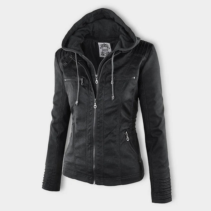 Giselle faux leather jacket in black, front view with hood up