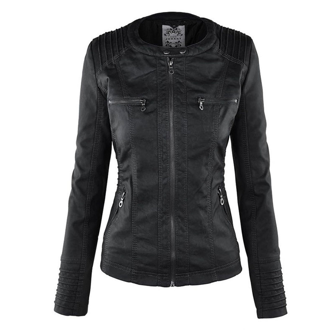 Giselle black faux leather jacket, front view with hood removed