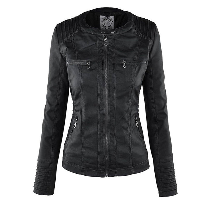 Giselle black faux leather jacket, front view with hood removed