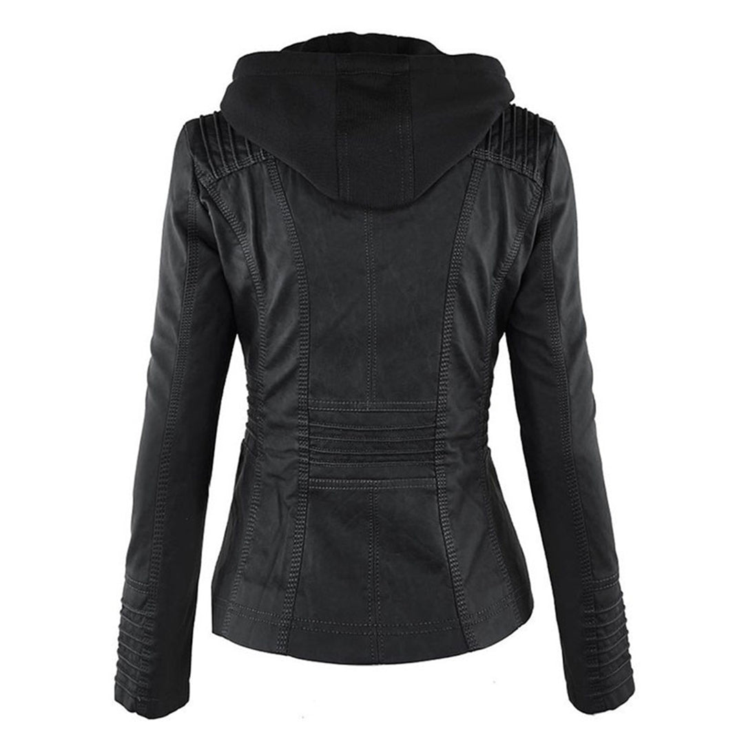 Giselle black faux leather jacket, back view with hood up