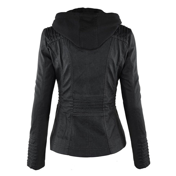 Giselle black faux leather jacket, back view with hood up