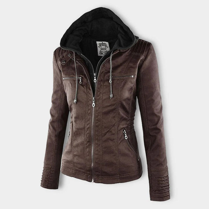 Giselle faux leather jacket in dark brown, front view with hood up