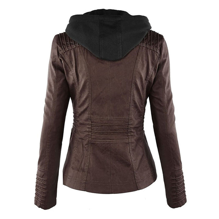Giselle dark brown faux leather jacket, back view with hood up