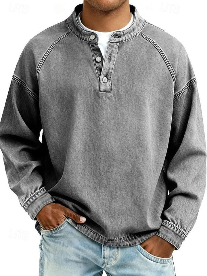 Grant retro henley pullover sweater in gray, front view