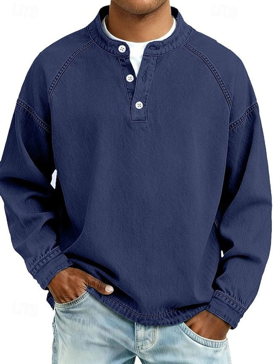 Grant retro henley pullover sweater in purple, front view