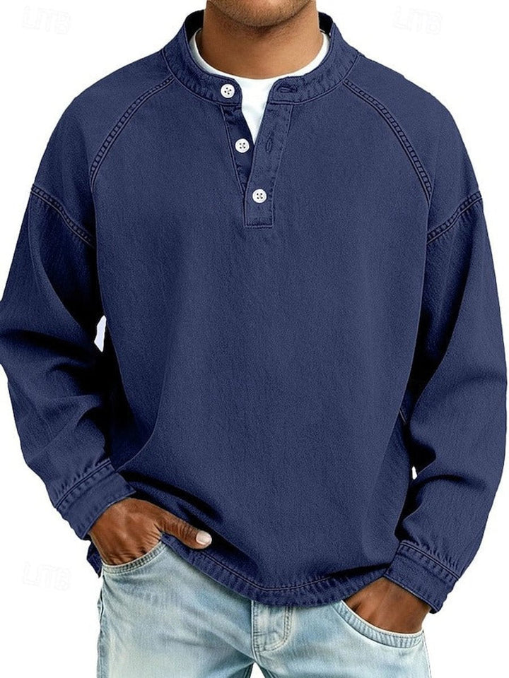 Grant retro henley pullover sweater in purple, front view