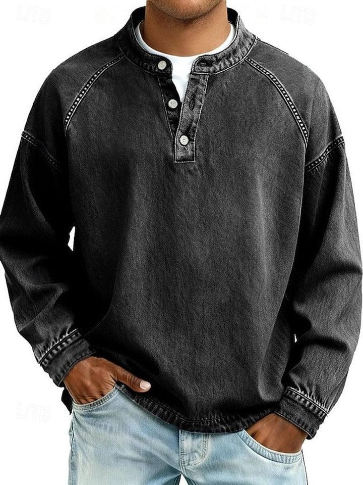 Grant retro henley pullover sweater in black, front view