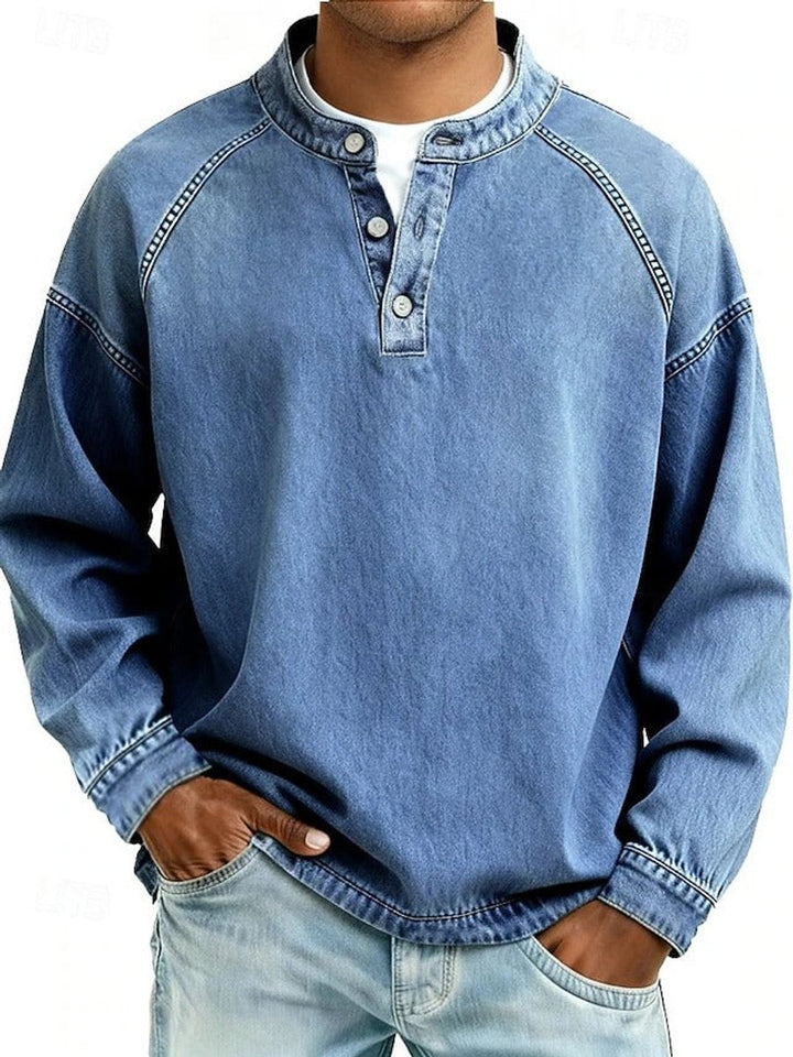 Grant retro henley pullover sweater in light blue, front view