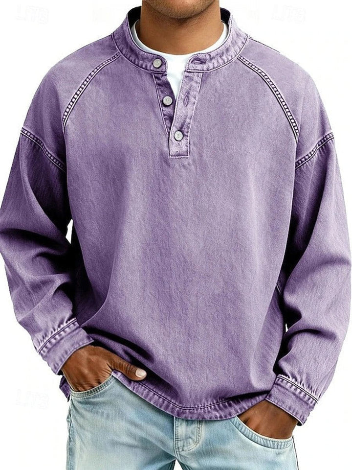 Grant retro henley pullover sweater in purple, front view