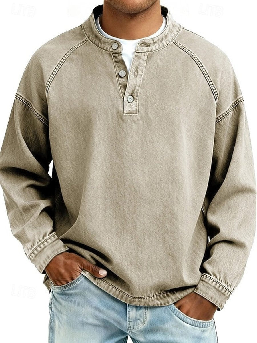 Grant retro henley pullover sweater in purple, front view