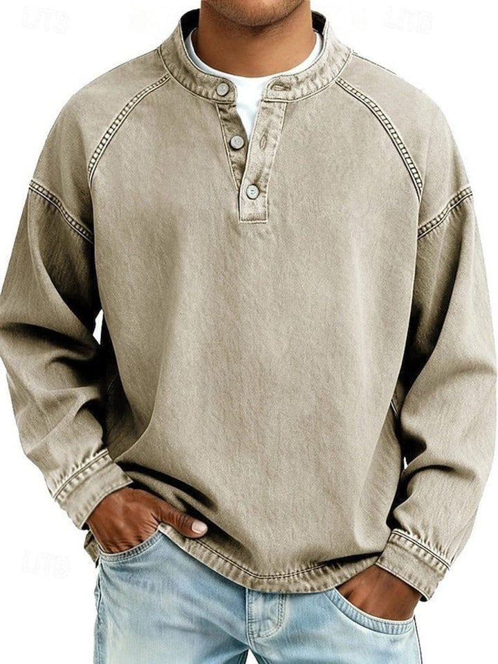 Grant retro henley pullover sweater in purple, front view