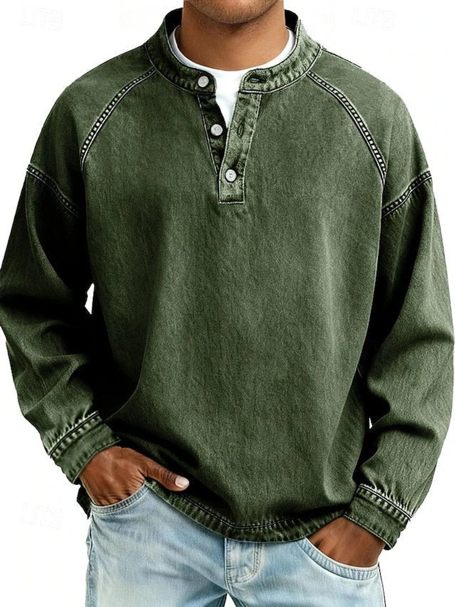 Grant retro henley pullover sweater in purple, front view