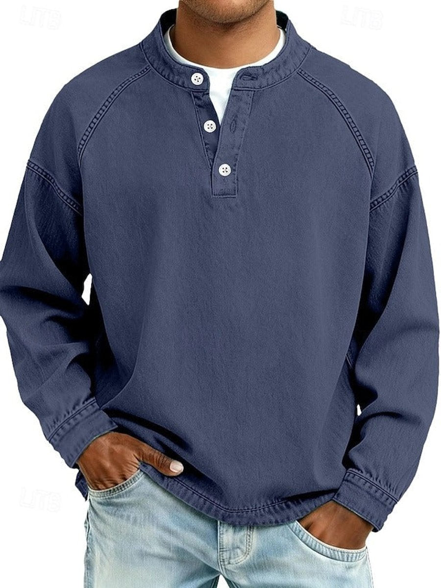 Grant retro henley pullover sweater in purple, front view