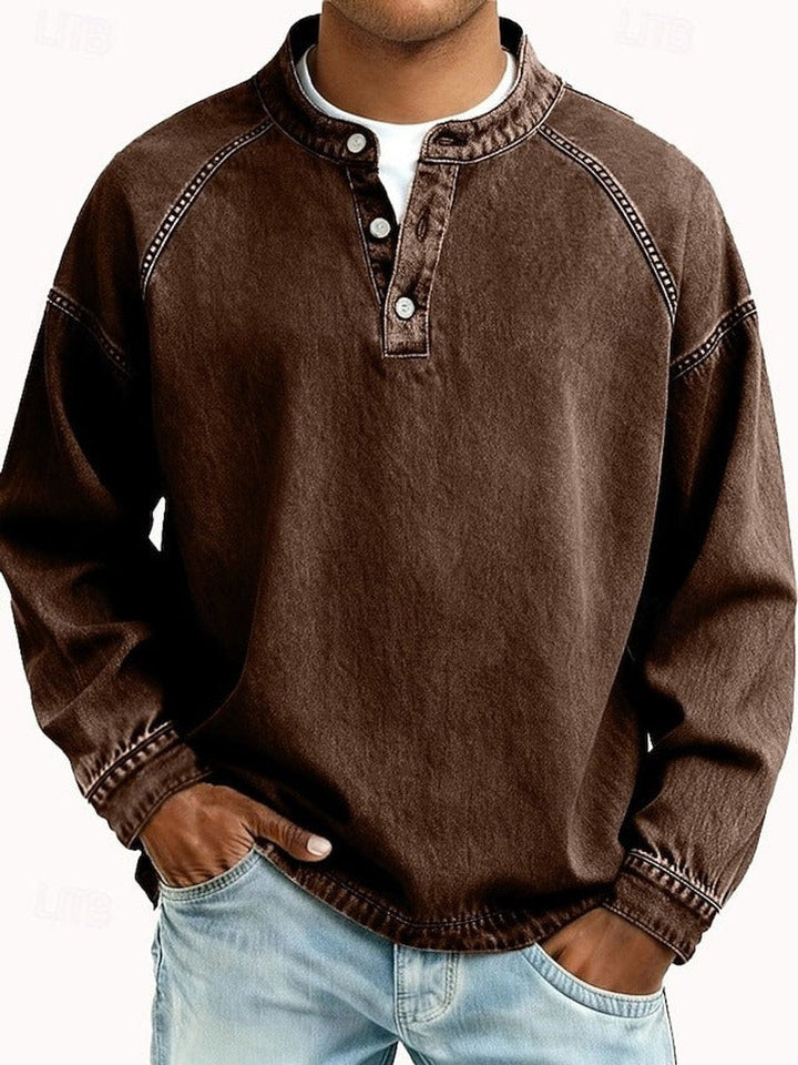 Grant retro henley pullover sweater in purple, front view