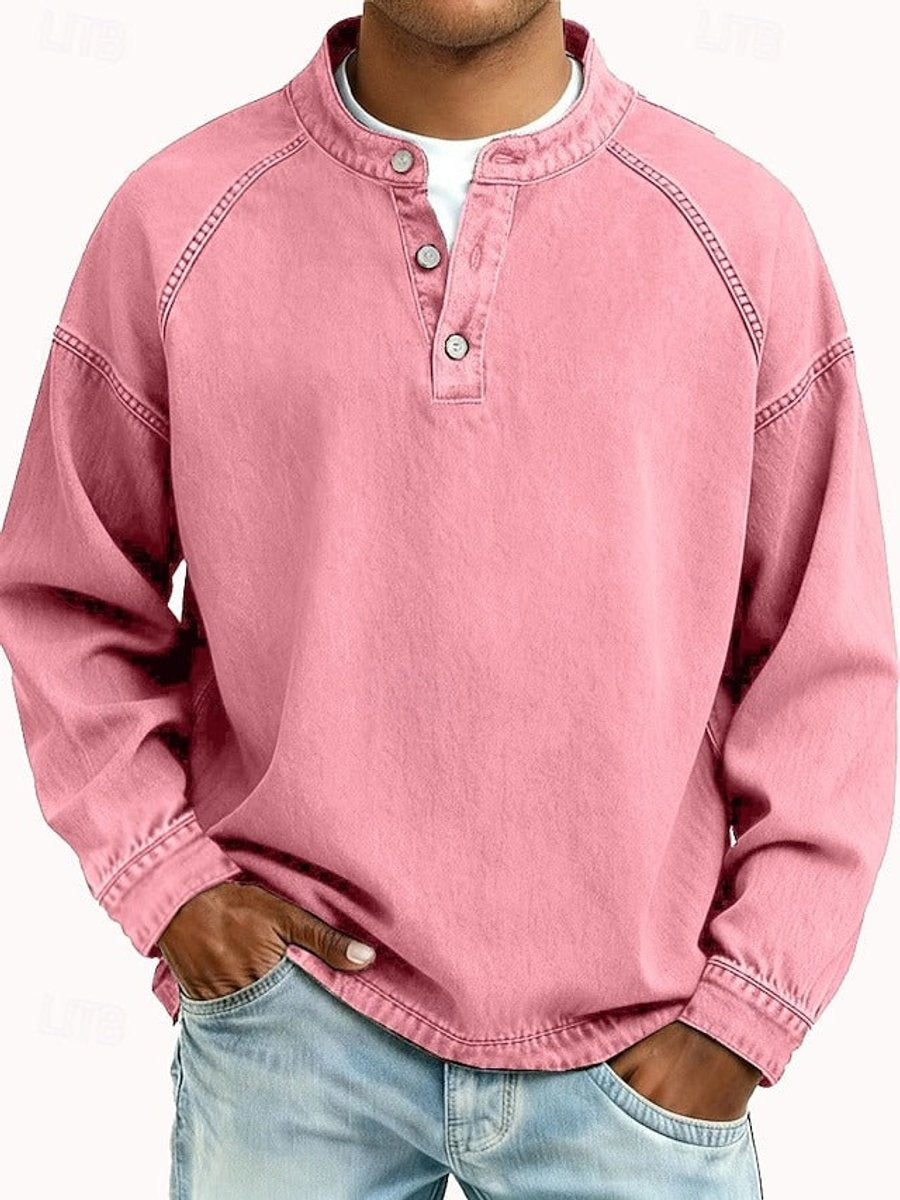 Grant retro henley pullover sweater in purple, front view