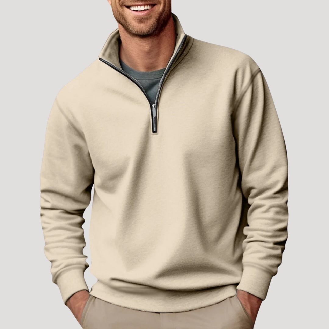 Gregory classic quarter-zip pullover sweater in beige, front view