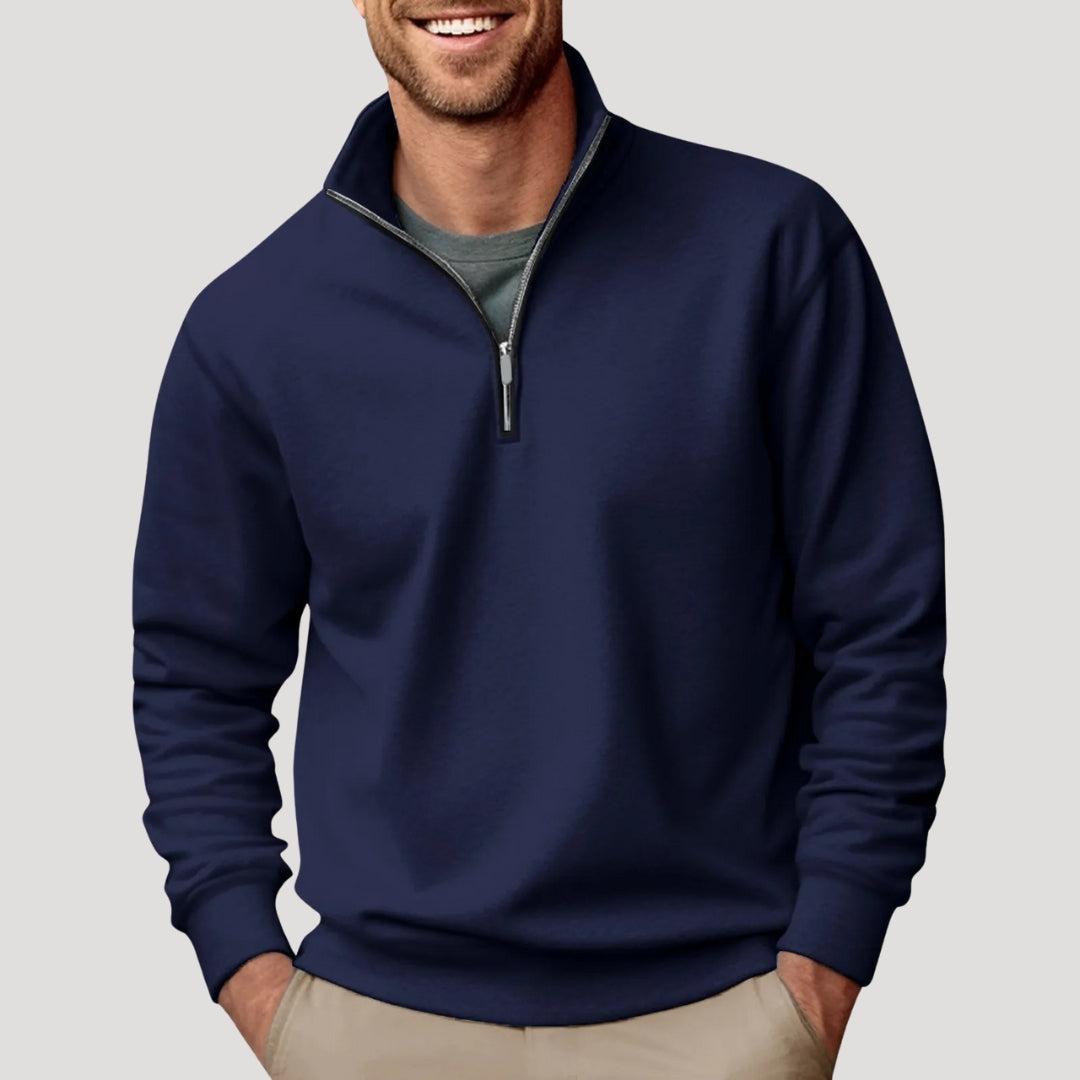 Gregory classic quarter-zip pullover sweater in navy blue, front view