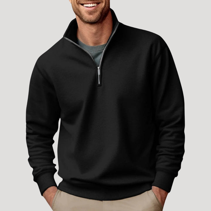 Gregory classic quarter-zip pullover sweater in black, front view