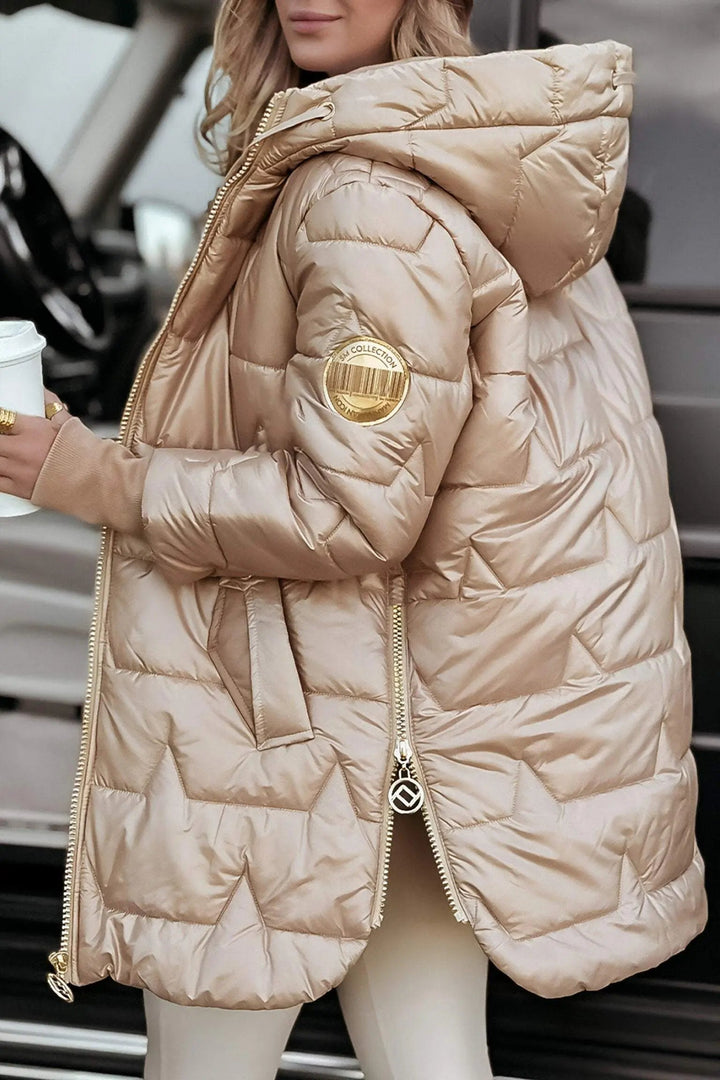 Harlow hooded puffer jacket in beige, back view showing quilted hood and sleeve patch detail