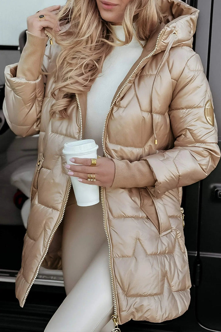 Harlow hooded puffer jacket in beige, front view showing waist belt and pockets