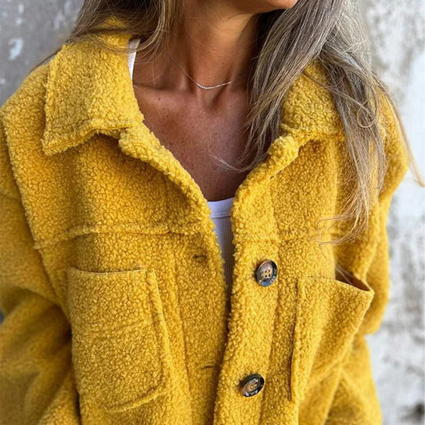 Harlow short teddy coat with notched collar, close-up front view