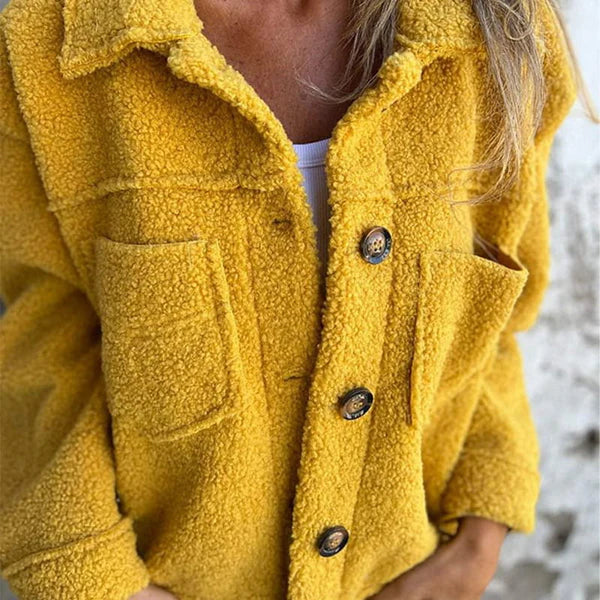 Harlow short teddy coat in yellow, front view
