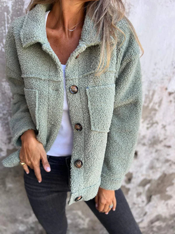 Harlow short teddy coat in sage green, front view