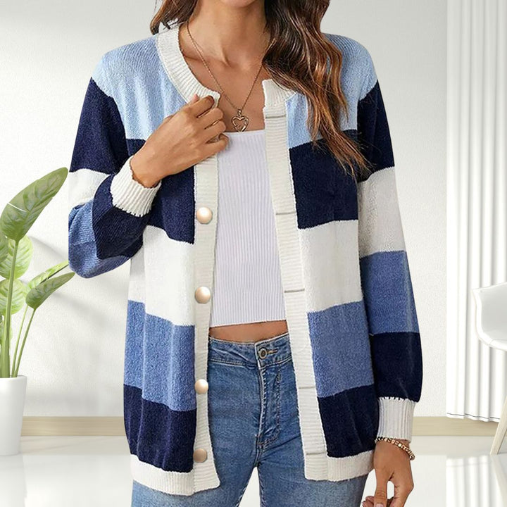Harlow striped colorblock cardigan with button front, close-up view