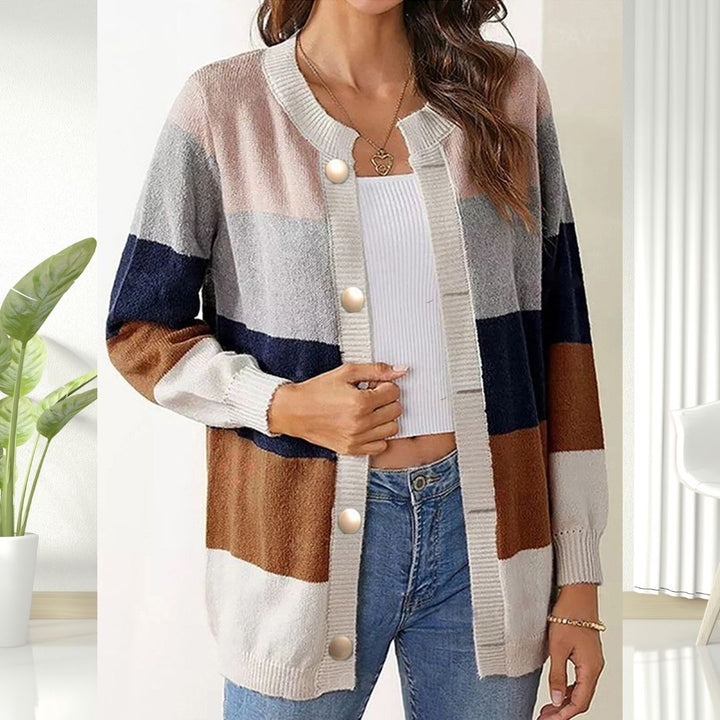 Harlow striped colorblock cardigan in brown tones, front view