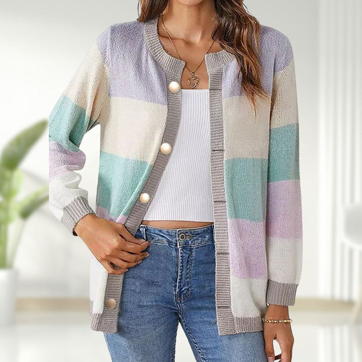 Harlow striped colorblock cardigan in pastel purple tones, front view