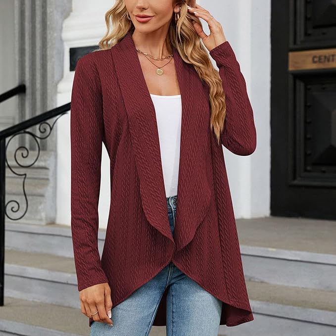 Harlow draped open-front cardigan in burgundy, front view