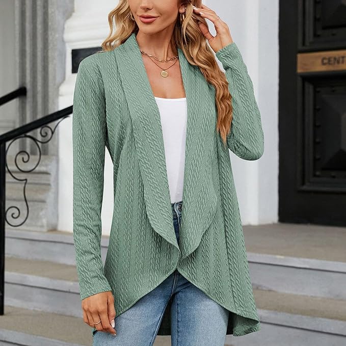 Harlow draped open-front cardigan in sage green, front view