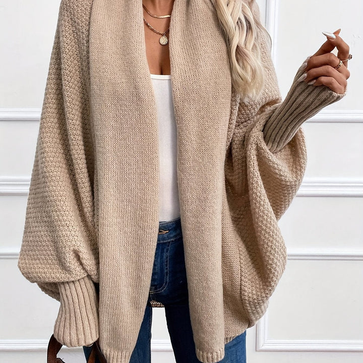 Harlow draped shawl collar cardigan in tan, front closeup