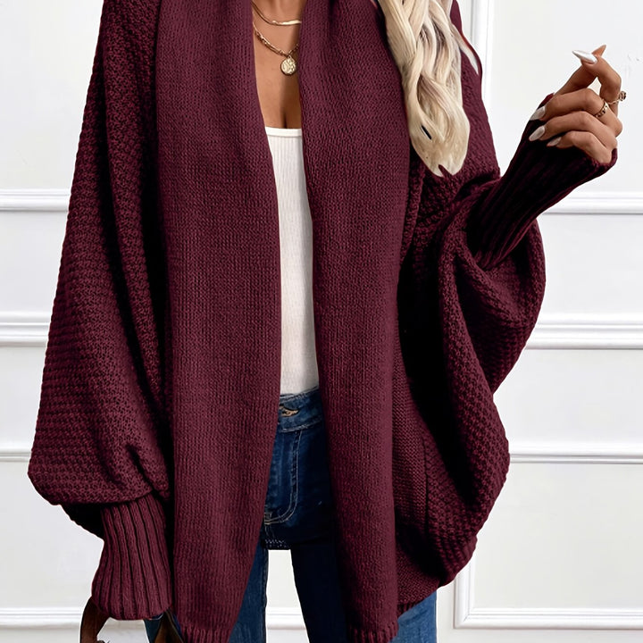 Harlow draped shawl collar cardigan in burgundy, front closeup