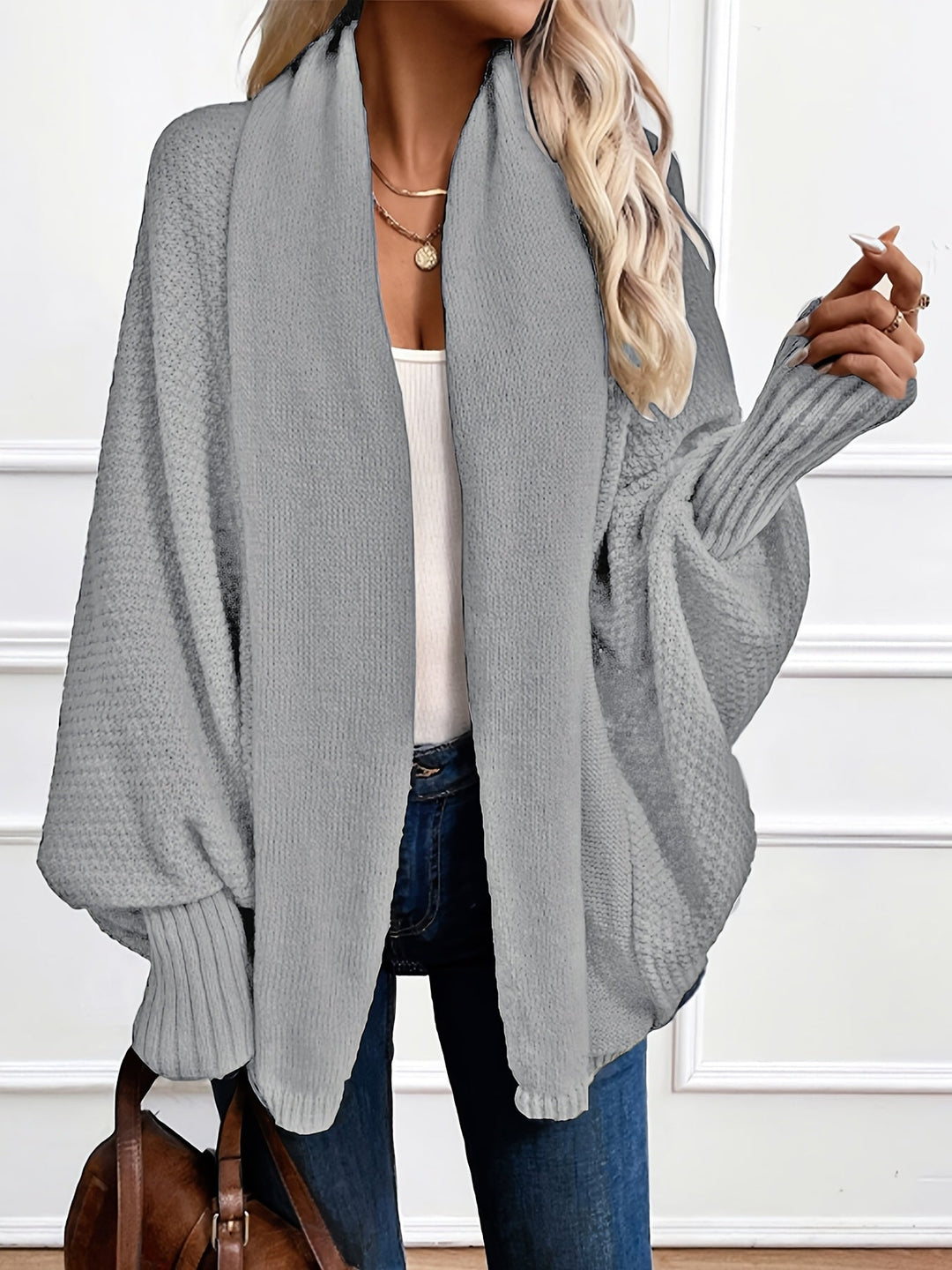 Harlow draped shawl collar cardigan in gray, front view