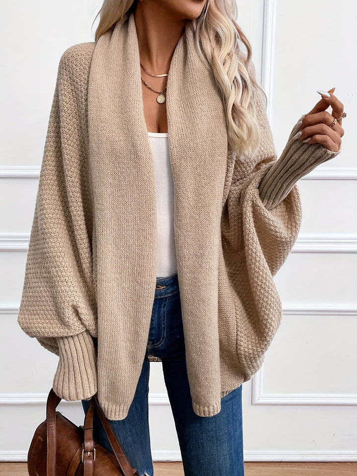 Harlow draped shawl collar cardigan in tan, front view