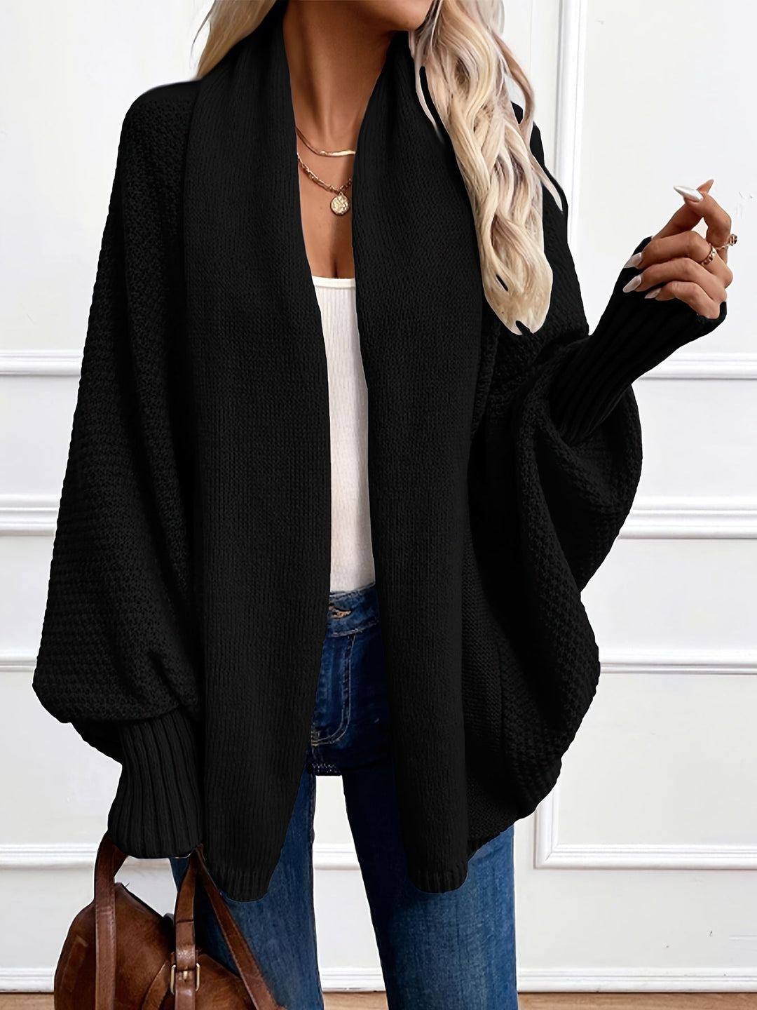 Harlow draped shawl collar cardigan in black, front view