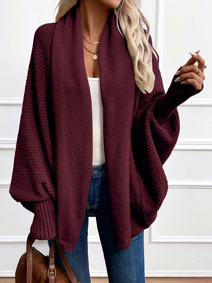 Harlow draped shawl collar cardigan in burgundy, front view