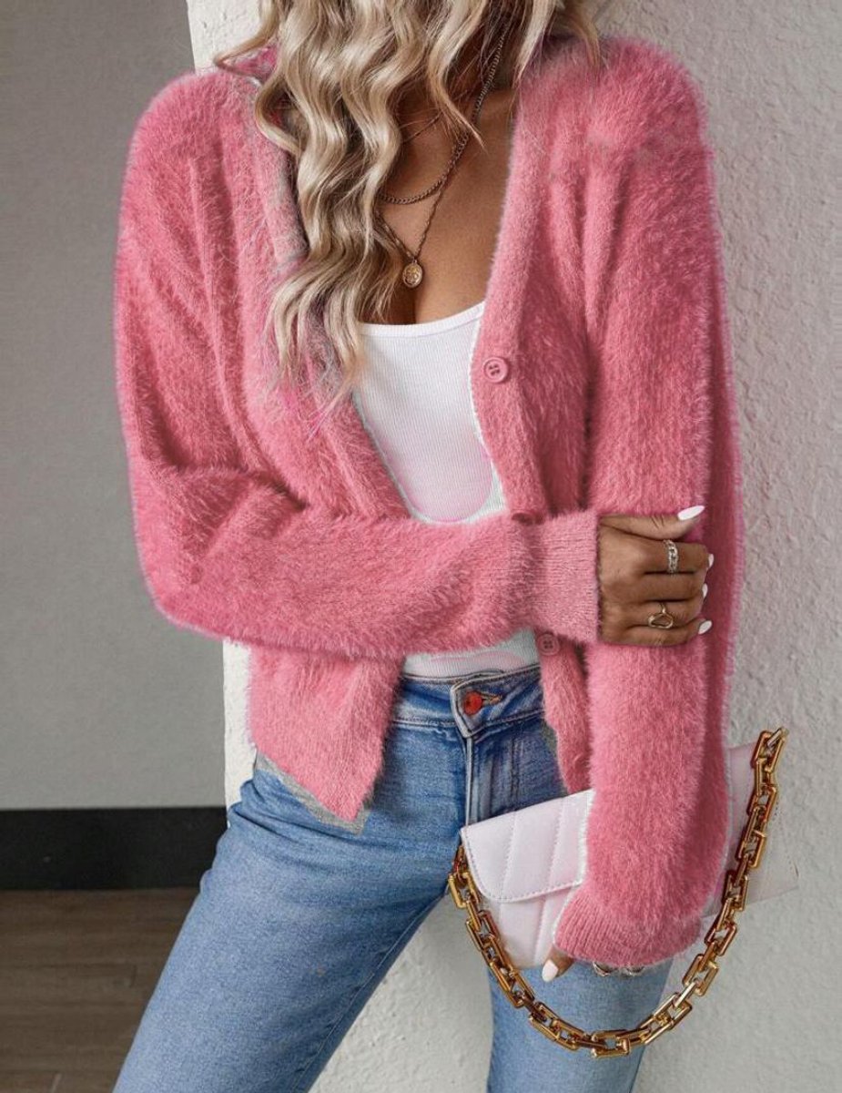 Harlow fuzzy cardigan in coral pink, front view