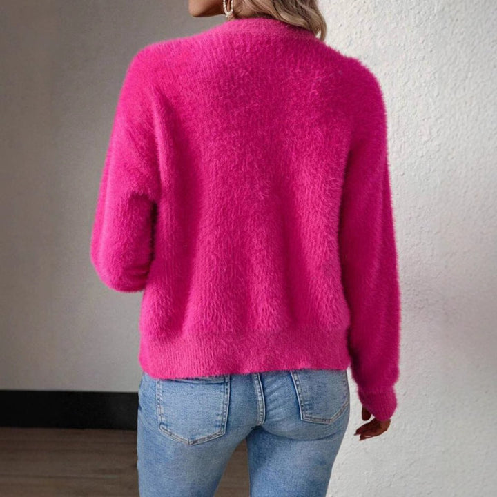 Harlow fuzzy cardigan open front view with crossbody bag